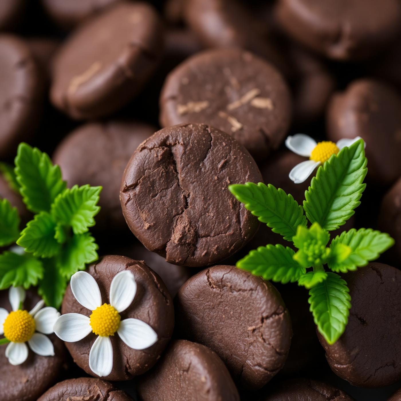 Close up of dark brown herbal chews with fresh herbs