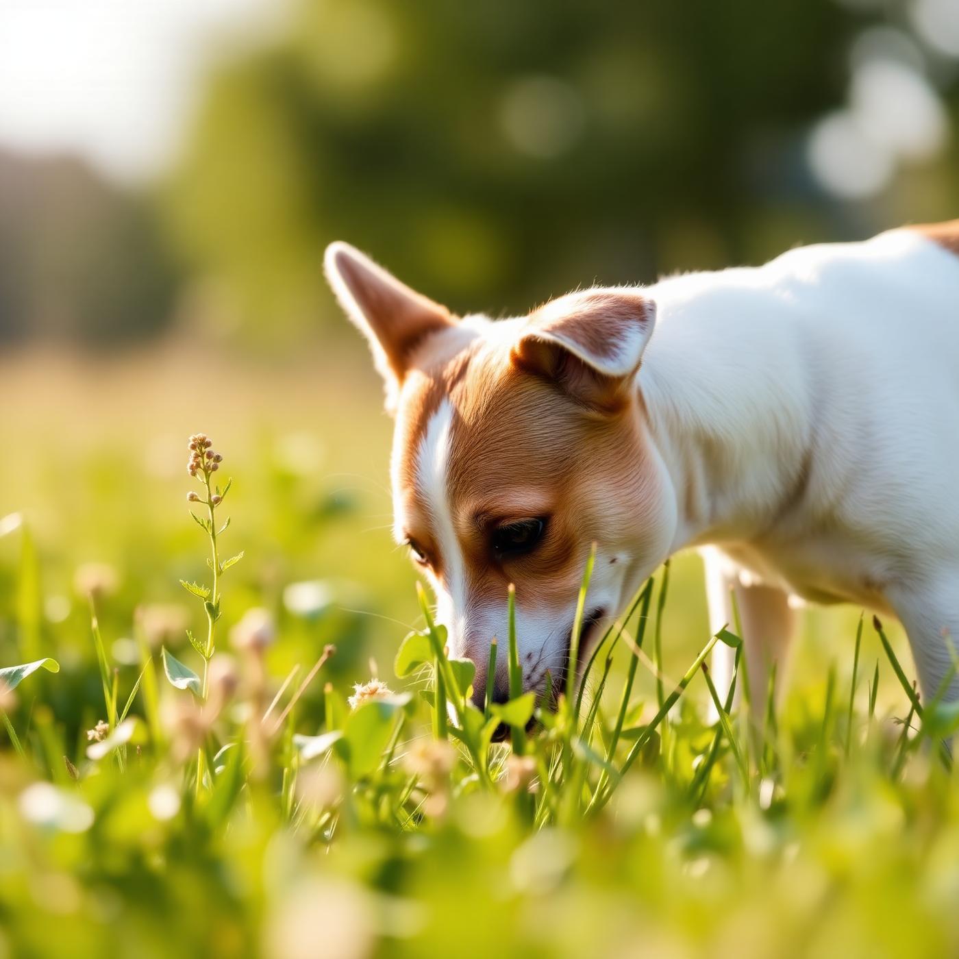 Small dog sniffing herbs in a meadow