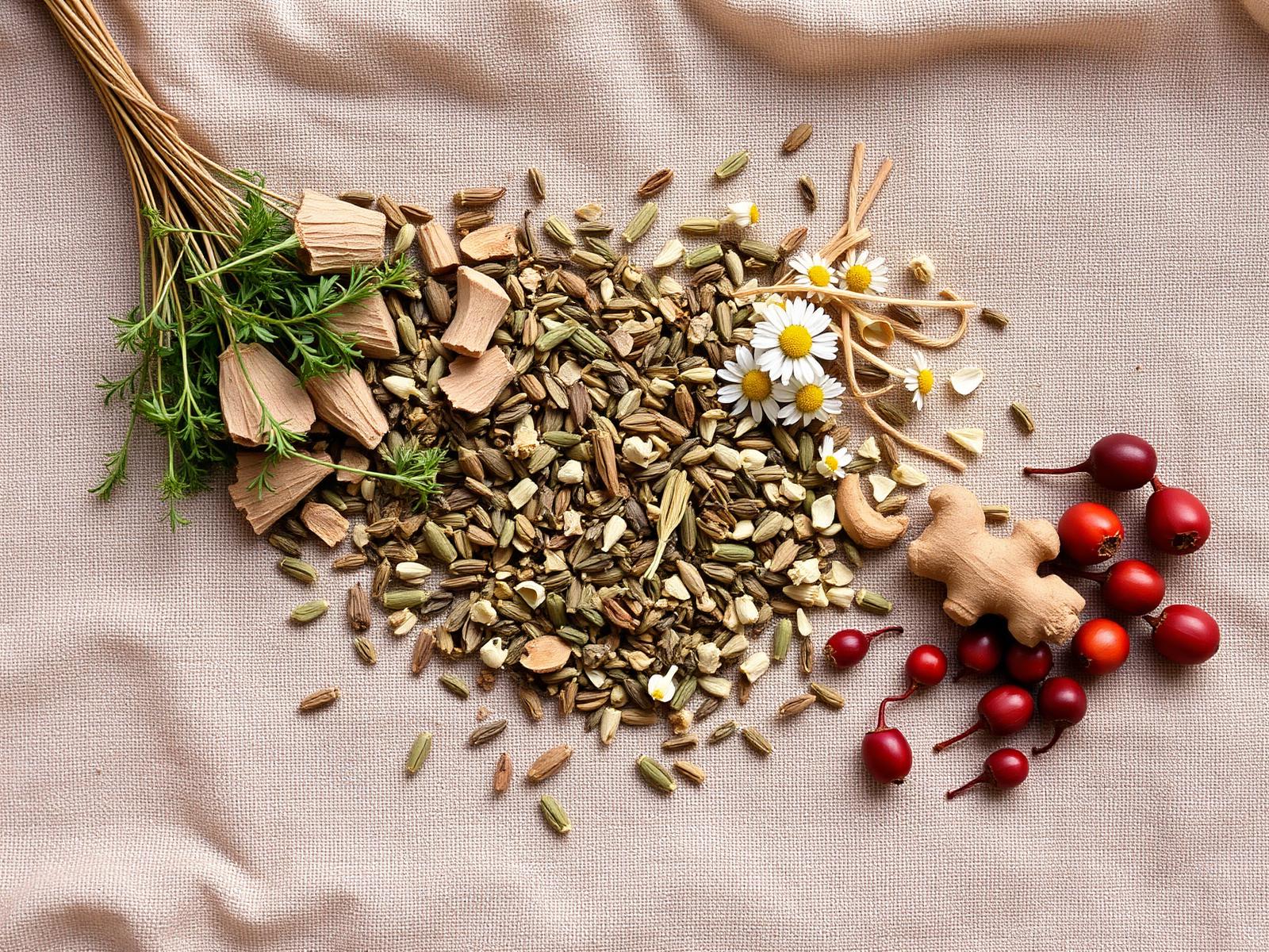 Flat lay of dried herbs and rosehips